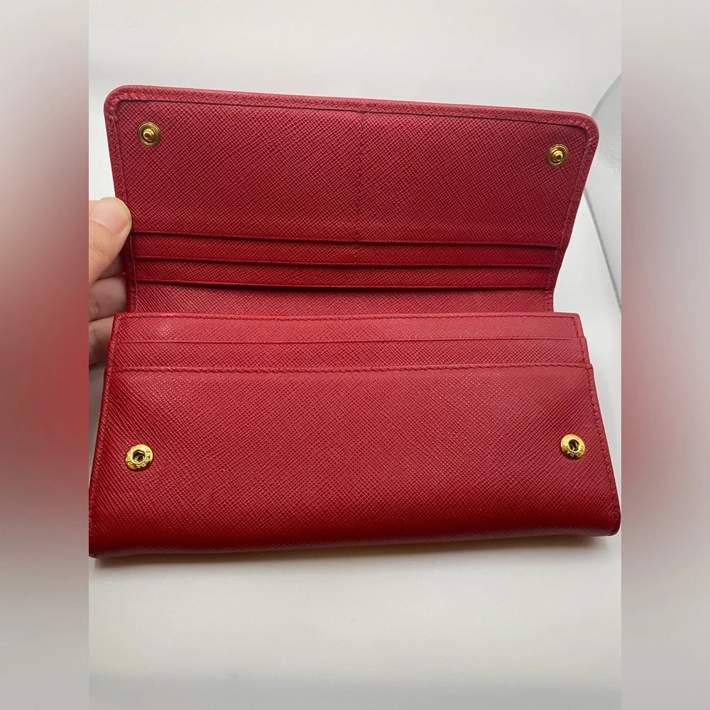 Prada - Saffiano Leather | Double Snap Long Wallet - Red | Gold Hardware - $1020 - Picture 4 of 16